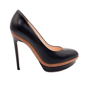 FENDI Black Nappa FF Logo Leather Platform Pumps Heels Shoes EU 38